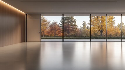 Fototapeta premium A spacious office designed in a minimalist style showcases smooth concrete floors and large glass doors, allowing natural light to create a bright and professional setting