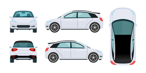 White Electric Vehicle Views: Car Projections from All Angles, Front, Back, Top, Rear, and Side view. Vector.