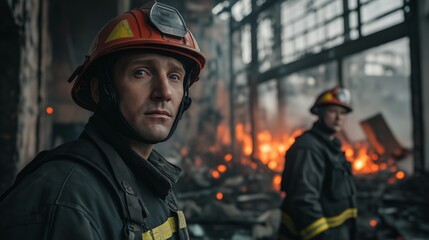 Obraz premium a firefighter wearing a helmet, with another fireman behind him at the scene inside a factory building that has been completely destroyed.