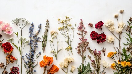 Vibrant Array of Dried Flower Varieties on White Background