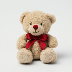 Close-up of a small teddy bear with a red bow, isolated on a clean white background, bright and even lighting, soft shadows around the edges