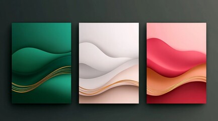 Three Pieces of Abstract Art with Marble Texture and Golden Lines