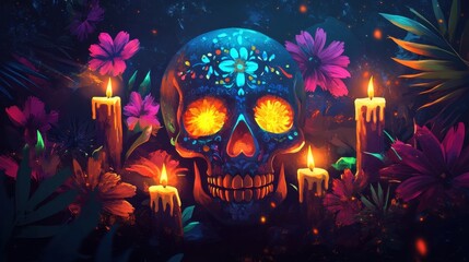 A vibrant, colorful skull surrounded by flowers and candles, glowing against a dark background, perfect for a Day of the Dead or spooky scene.