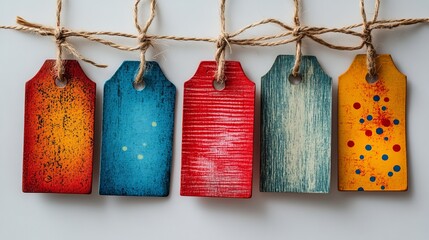 Five colorful gift tags hanging from a string on white background