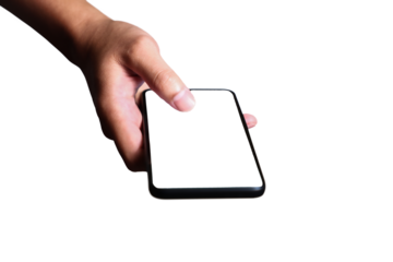 Hand holding smartphone on white background. QR code payment concept. Digital money payment.