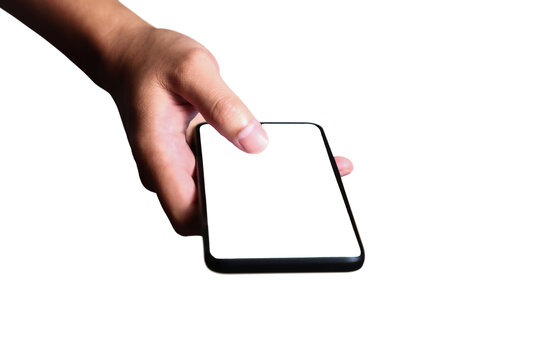 Hand holding smartphone on white background. QR code payment concept. Digital money payment. - Powered by Adobe