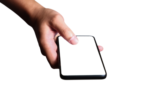 Hand holding smartphone on white background. QR code payment concept. Digital money payment.