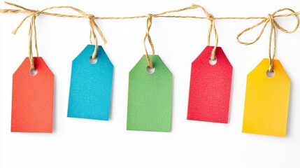 Five colorful gift tags hanging on a string displaying a blank surface