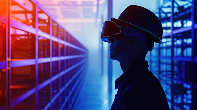 Industrial worker using technology to manage operations in sunset-lit warehouse