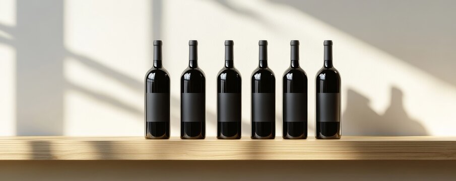 Six wine bottles standing on a shelf with a blank label mockup