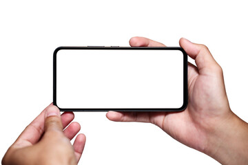 Close up of hand holding modern smart phone mockup. New modern black frameless smartphone mockup with blank white screen. Isolated on white background high quality studio shot Modern smart. PNG