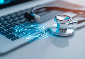 Stethoscope and Computer Keyboard with Digital Health Data Icon