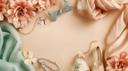 Elegant Accessories and Flowers Flat Lay