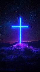 Glowing neon blue cross standing on a mountain at night