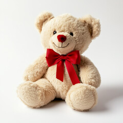 Obraz premium Close-up of a small teddy bear with a red bow, isolated on a clean white background, bright and even lighting, soft shadows around the edges