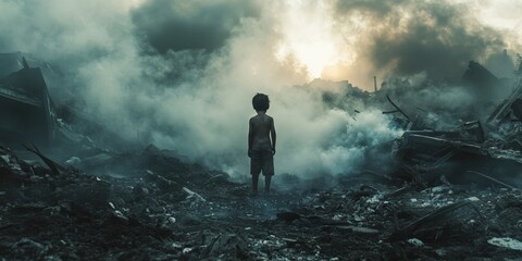 A Child Standing Alone in War-Torn Ruins Surrounded by Destruction