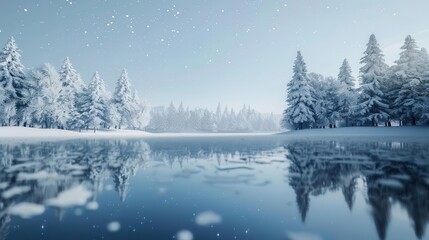 Fototapeta premium Frost-covered pine trees reflecting in a crystal-clear frozen lake