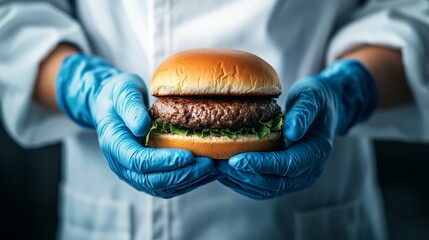 A lab technician wearing blue gloves holding a burger made with a lab-grown patty.