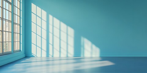 Fototapeta premium Empty room with pale blue walls and a large window, sunlight casting geometric shadows in a minimalist interior setting, creating a soft, tranquil ambiance with photorealistic quality.