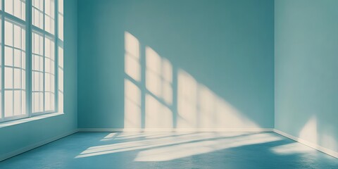Obraz premium Empty room with pale blue walls and a large window, sunlight casting geometric shadows in a minimalist interior setting, creating a soft, tranquil ambiance with photorealistic quality.