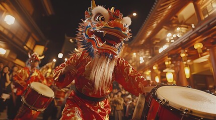 Energetic dragon dance with swirling colors and rhythmic movements, musicians beating drums in the background