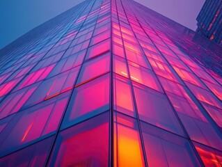 Architectural photography of a modern skyscraper, sharp details, soft lighting, vibrant colors, sleek design