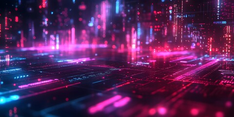 Obraz premium Fintech visualization featuring neon financial graphs and glowing trading charts, set against a blurred bokeh background, representing a high-tech investment interface with vibrant colors.