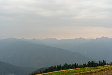 A stunning view of mountains on a rainy day from atop Hurricane Ridge.