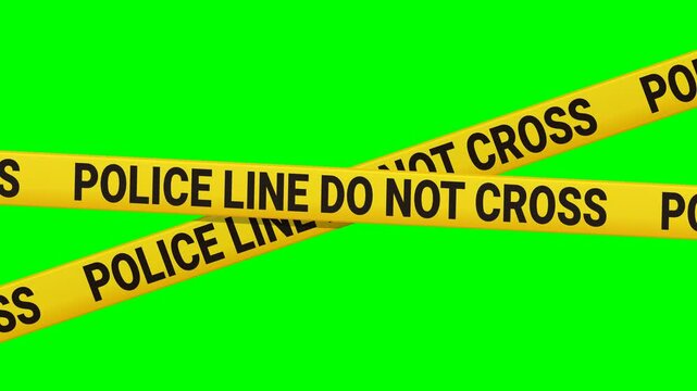 Animation loop of 2 yellow police line ribbons, do not cross, caution yellow ribbon moving with the wind on green background with alpha channel