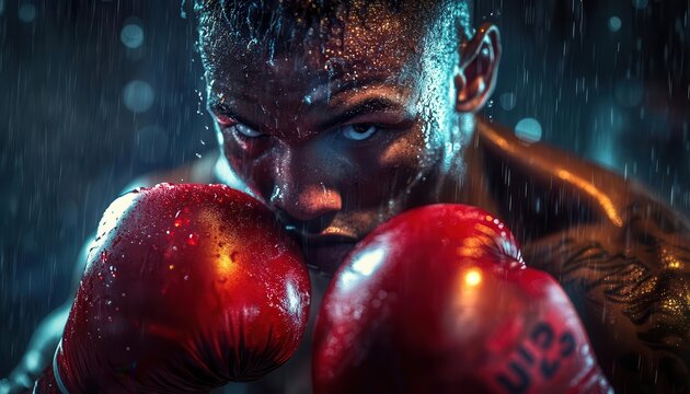 Boxing training session, intense focus, dynamic punches, dramatic lighting, vibrant energy, photo-realistic