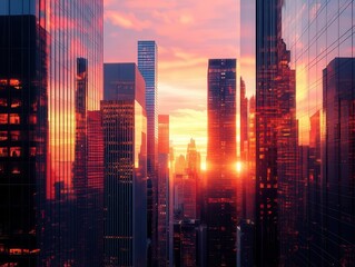 Obraz premium City skyscrapers reflecting sunset, warm lighting, sleek design, dynamic angles, high contrast, realism