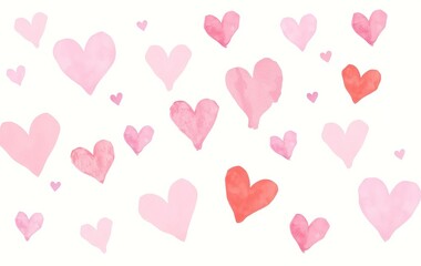 A scattering of watercolor hearts in shades of pink and red.