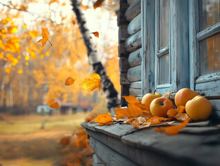 Close-Up of Rustic Window Sill with Fallen Leaves and Apples in Autumn