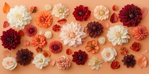 Fototapeta premium Floral arrangement against a pale orange background, featuring autumn flowers in warm hues, captured in macro photography that emphasizes delicate textures and a vintage aesthetic.