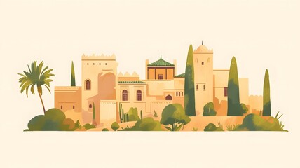 Watercolor illustration of castle. Mediterranean town. Arabic town illustration. Watercolor sketch of stylish arabian town.