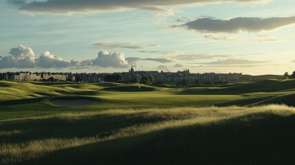 Golf Course With City Skyline in Background