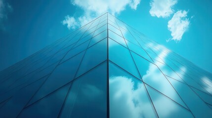 Glass building exterior with reflections of the sky, vibrant colors, sharp details, modern design, photo-realistic