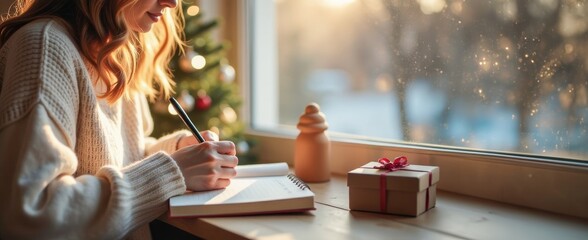 Woman writing holiday letter by window, cozy scene with Christmas tree, gift box on table, holiday season concept