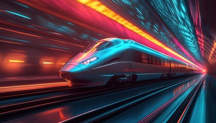 Fototapeta premium High-speed train on a sleek track, vibrant motion blur, soft lighting, futuristic design, photo-realism