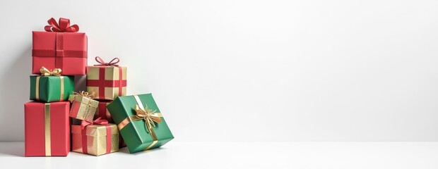 Christmas presents stacked against white background, festive holiday gifts concept