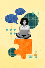Composite trend artwork sketch image photo collage of young woman sit huge puzzle idea creative...