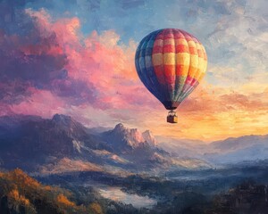 Obraz premium Hot air balloon floating over scenic landscape, vibrant colors, soft natural lighting, serene atmosphere, realism