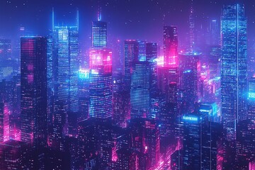 Fototapeta premium An isometric illustration of a sprawling futuristic city skyline at night.