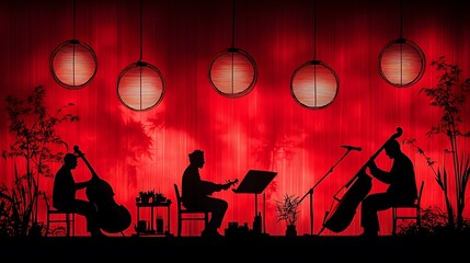 Musicians playing traditional instruments while vendors sell handmade items and snacks at a temple fair in vector papercut style