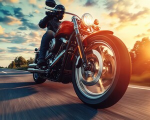 Motorcycle on a vibrant road at sunset, dynamic motion, soft glow, high contrast, photo-realistic