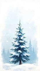Fototapeta premium Snow-covered Pine Tree in Misty Winter Landscape with Copy Space