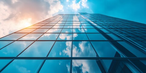 Modern blue glass skyscraper featuring a geometric facade and reflective surfaces against a clear sky with soft pastel clouds, showcasing contemporary urban architecture in minimalist design.