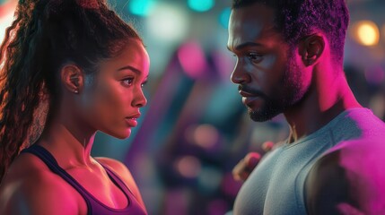 Personal trainer guiding a client, focused expressions, gym setting, vibrant lighting, realism, high detail