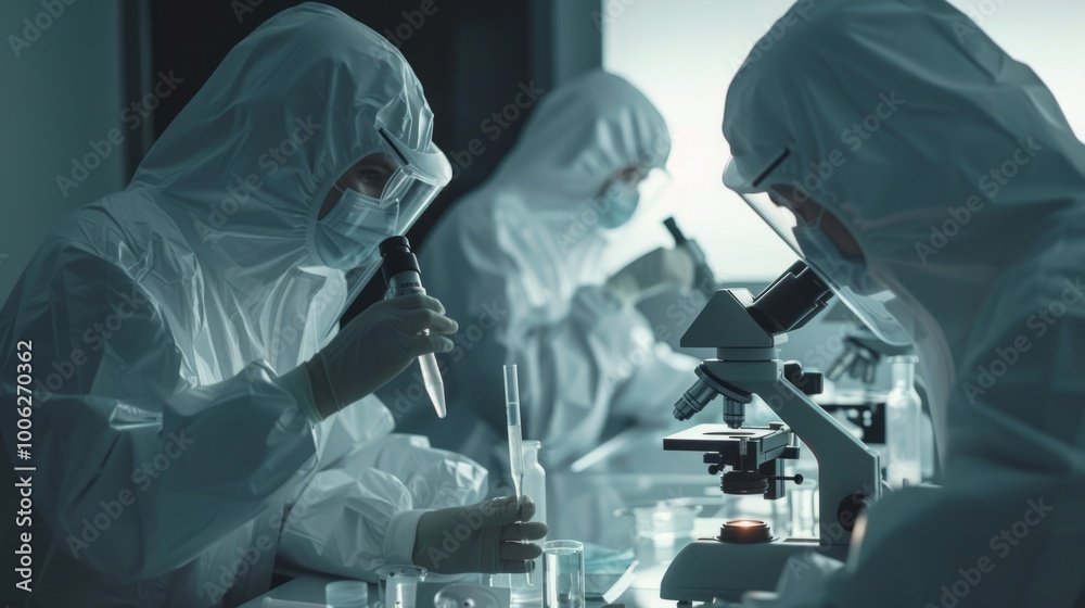 Poster Three scientists in lab coats are working on an experiment