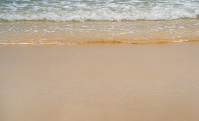 A sandy beach on the coastline of the ocean with clear water with small waves.